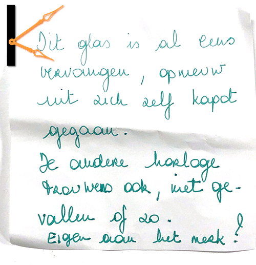 Glas Skagen breekt zonder te laten vallen Briefje van klant. Skagen SKW6071 en SKW6110 waarvan het glas uit zichzelf breekt.
